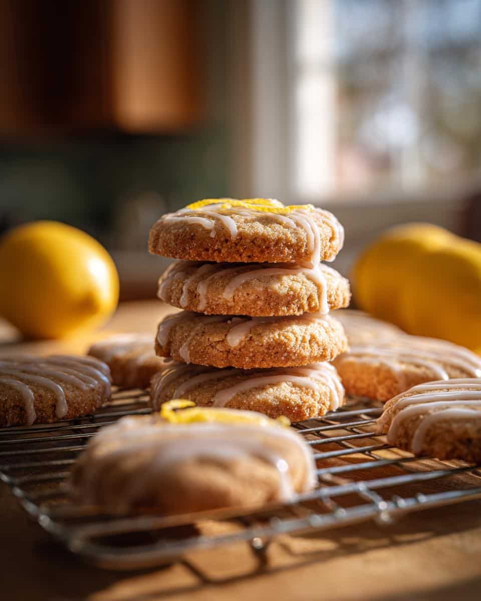 A stack of four glazed Lemon Shortbread Cookies, garnished with lemon zest, on a cooling rack with lemons in the background.