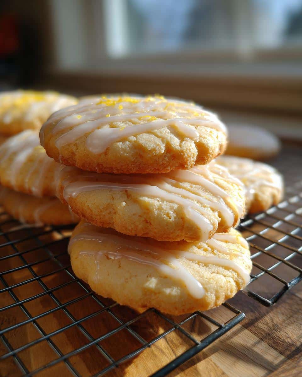 A stack of glazed Lemon Shortbread Cookies topped with lemon zest on a wire rack.