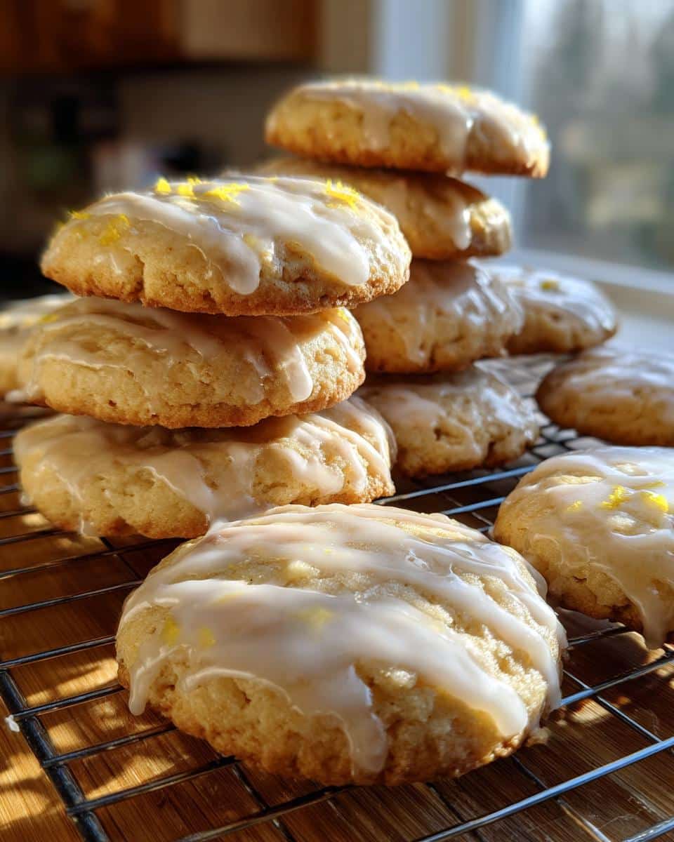 A stack of glazed Lemon Shortbread Cookies on a wire rack, sprinkled with lemon zest.