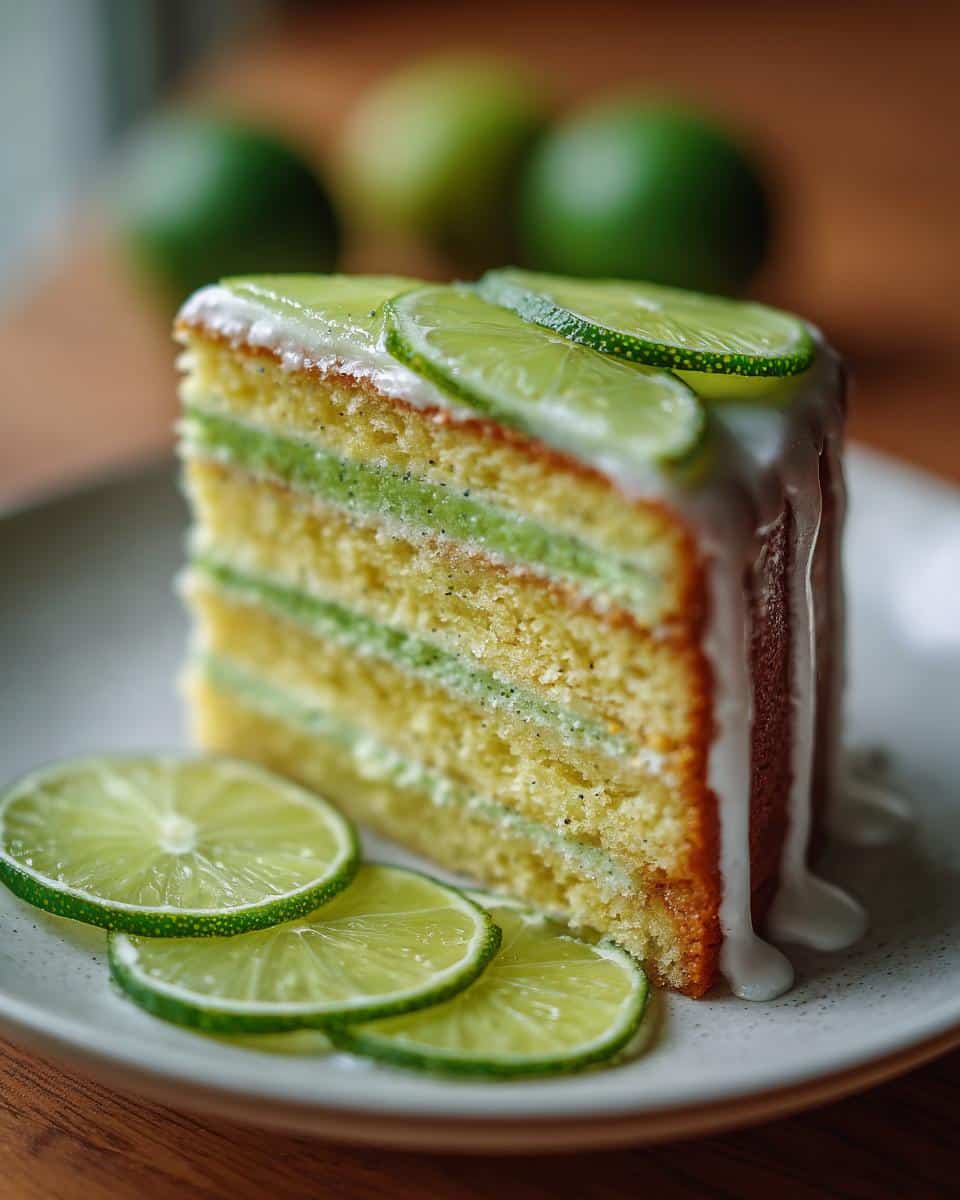 A delicious slice of Lime Poppy Seed Cake with lime slices and a sweet glaze.