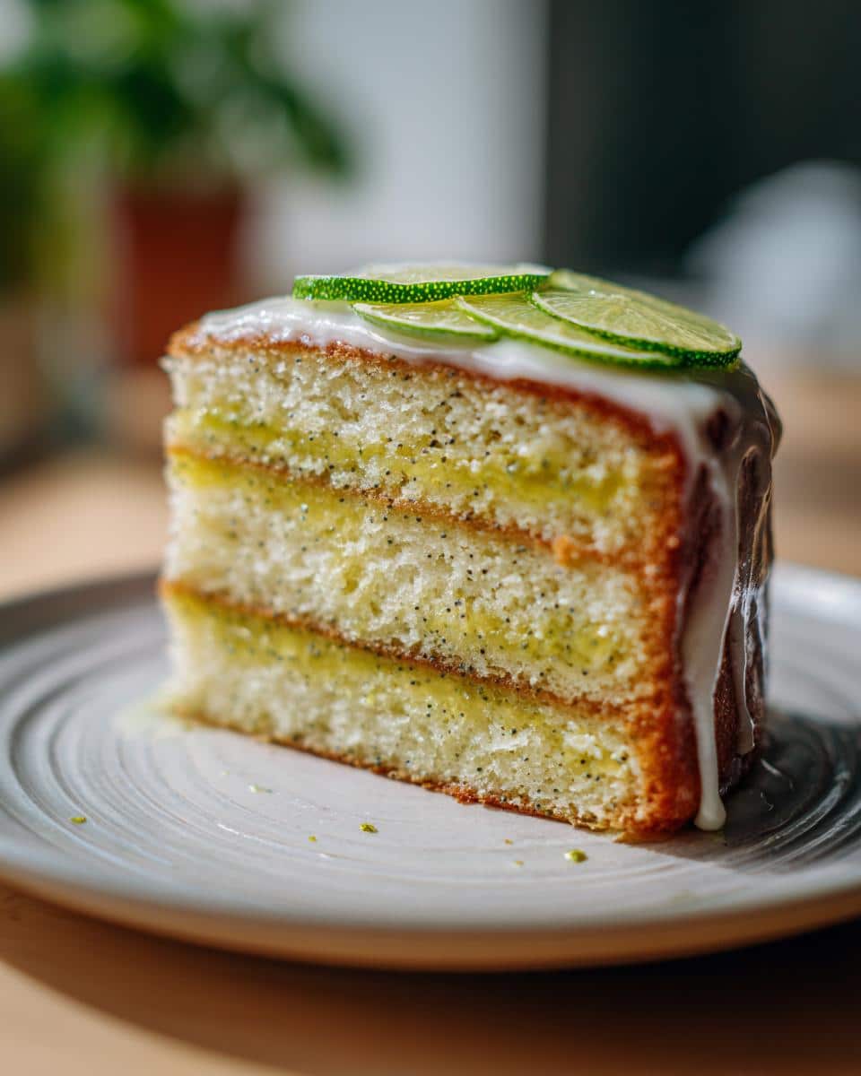 A delicious slice of Lime Poppy Seed Cake, topped with lime slices and a sweet glaze.