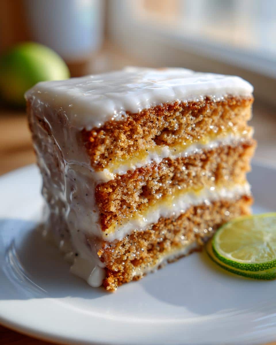 A delicious slice of Lime Poppy Seed Cake with white glaze, served with a lime wedge.