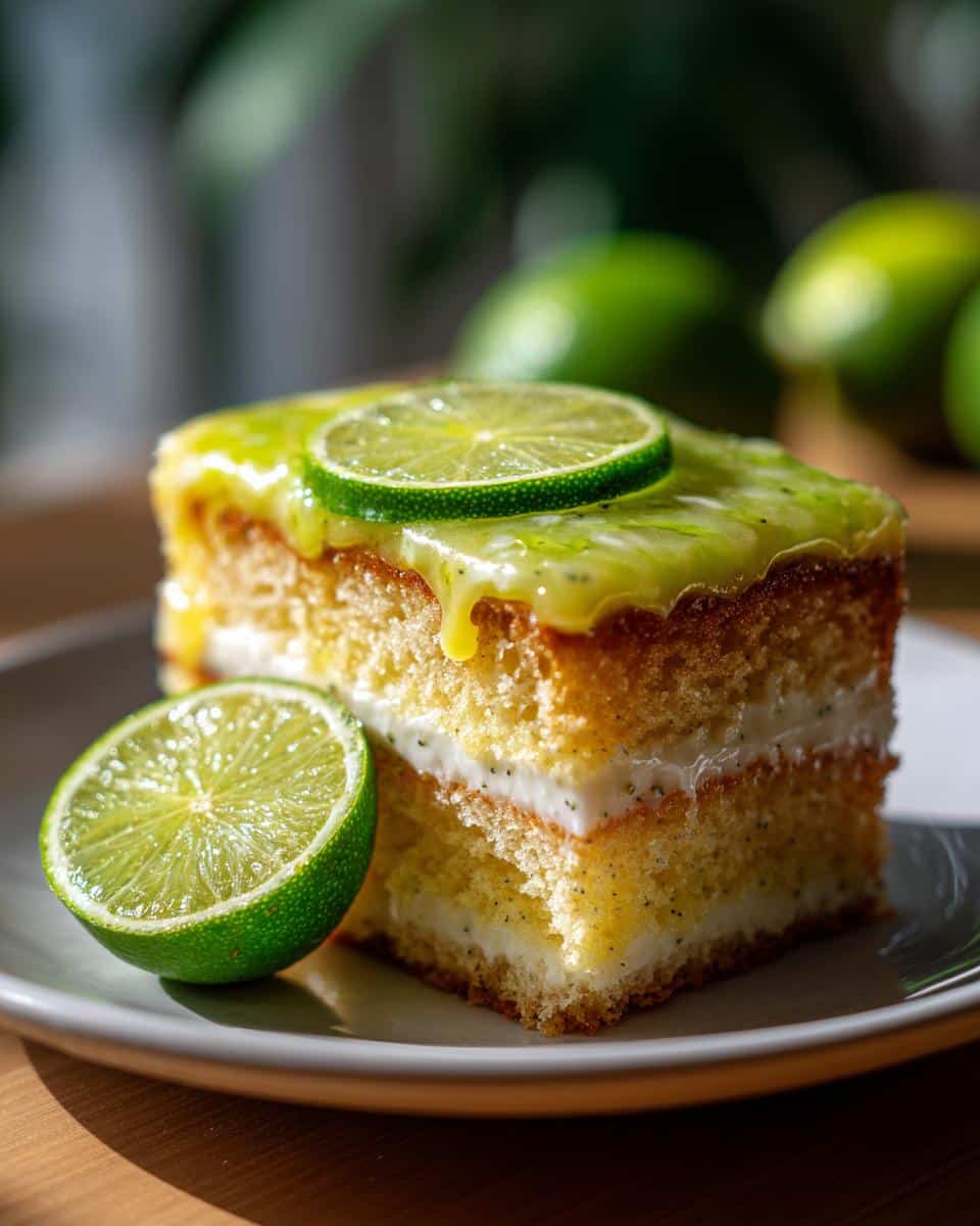 A slice of Lime Poppy Seed Cake topped with lime glaze and a lime slice, next to a lime half.
