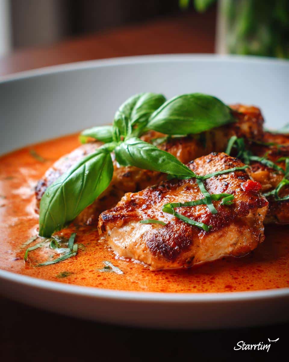 Close-up of “Marry Me” chicken in a creamy tomato sauce, garnished with basil and herbs.