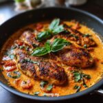 Close-up of Marry Me chicken breasts in a creamy tomato sauce, garnished with fresh basil.