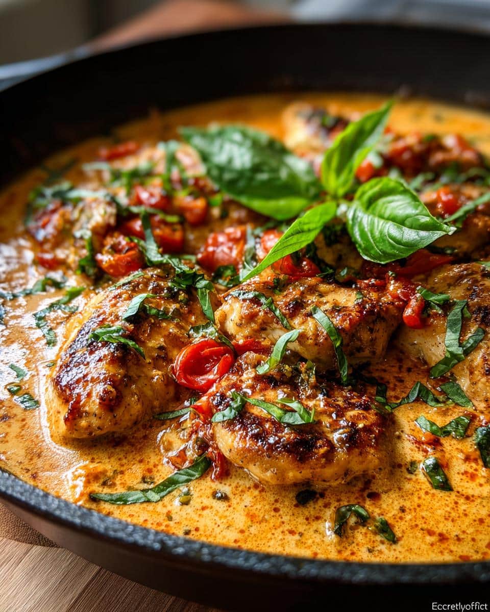 Close-up of creamy “Marry Me” chicken in a skillet, garnished with fresh basil and tomatoes.