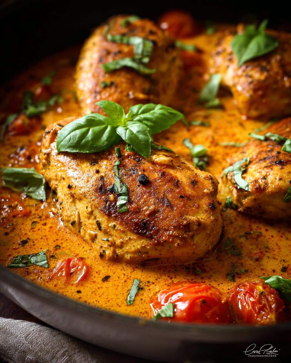 Close-up of creamy “Marry Me” chicken breasts in a pan with tomatoes and basil garnish.
