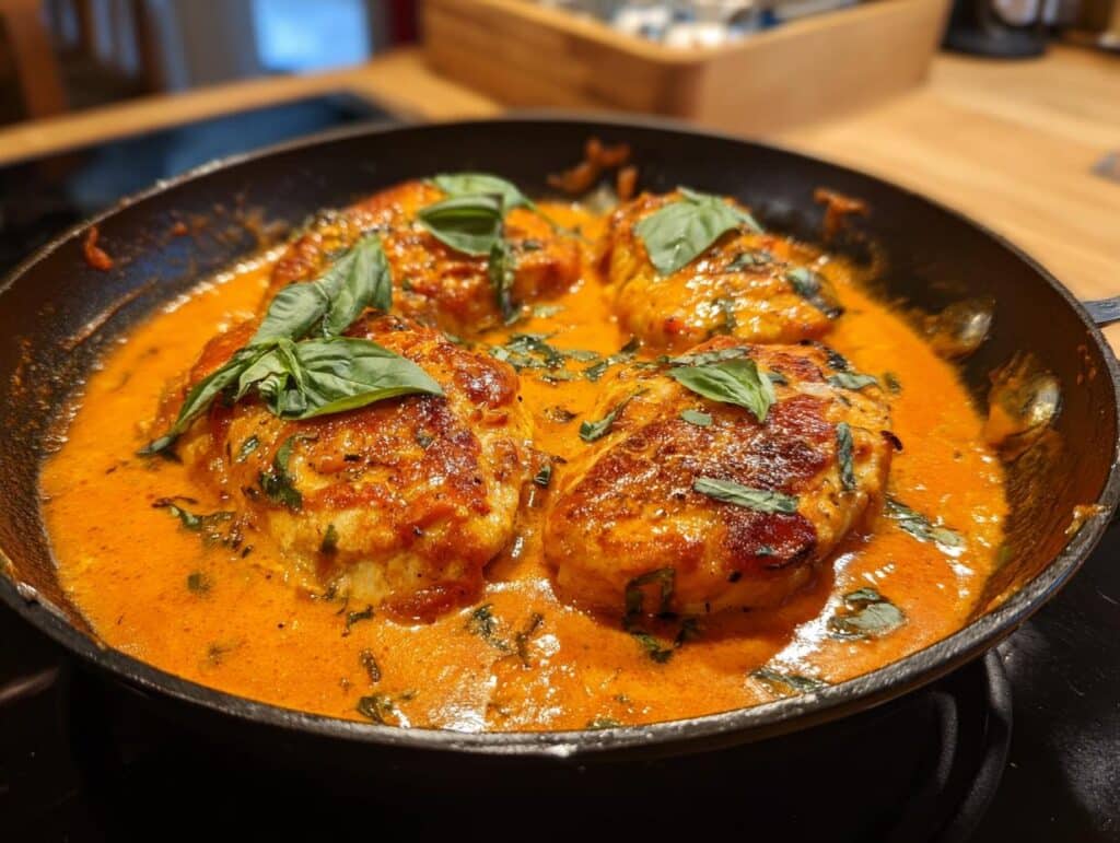 Pan of creamy “Marry Me” chicken breasts topped with fresh basil, ready to serve.
