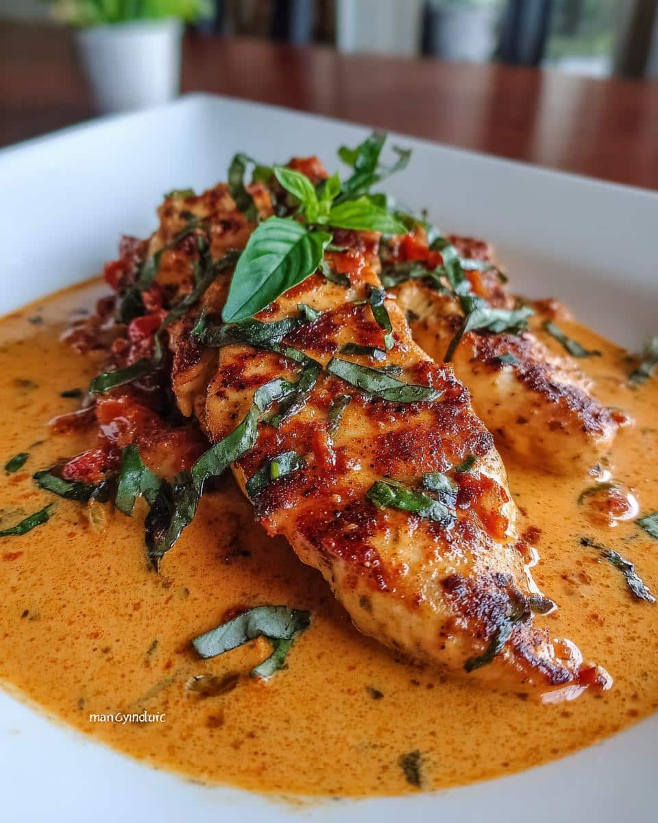 Close-up of Marry Me chicken dish with creamy sauce, tomatoes, and basil on a white plate.