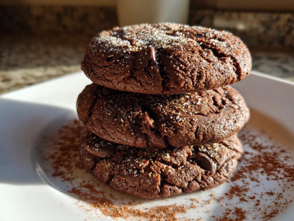 A stack of three rich, dark Mexican hot chocolate cookies sprinkled with sugar and cocoa powder.