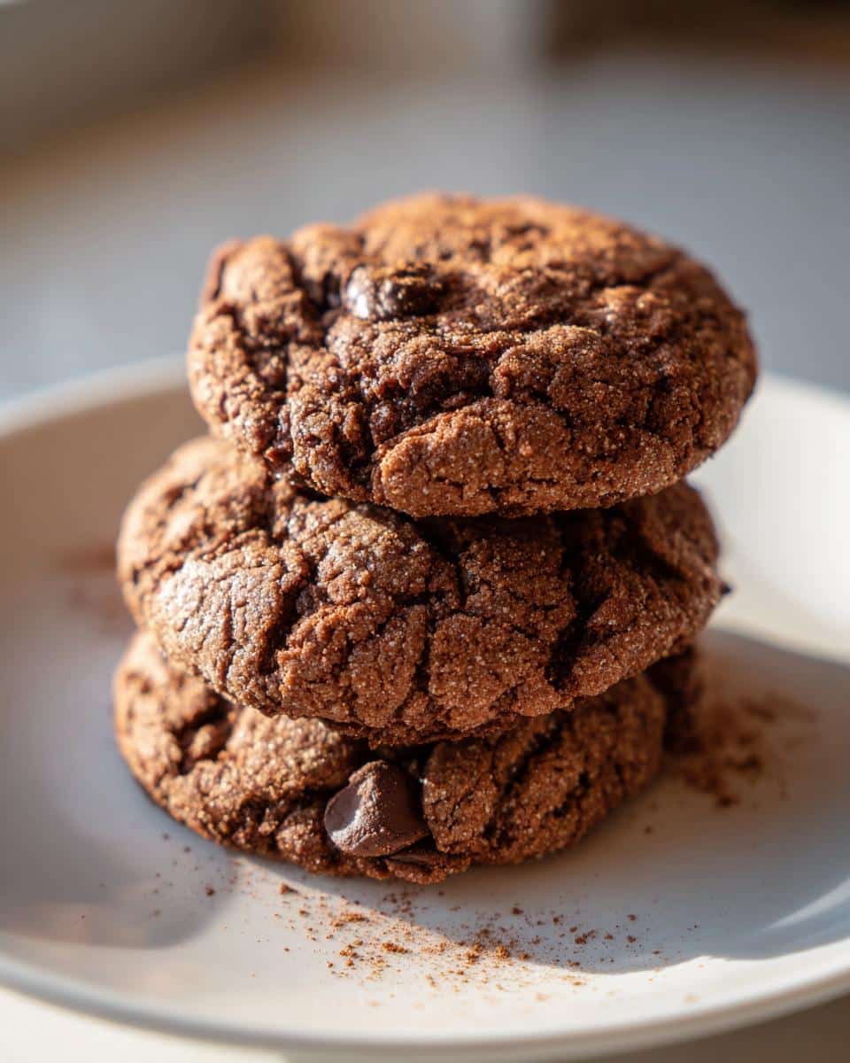 A stack of three rich, dark mexican hot chocolate cookies with visible chocolate chips and a dusting of cinnamon.
