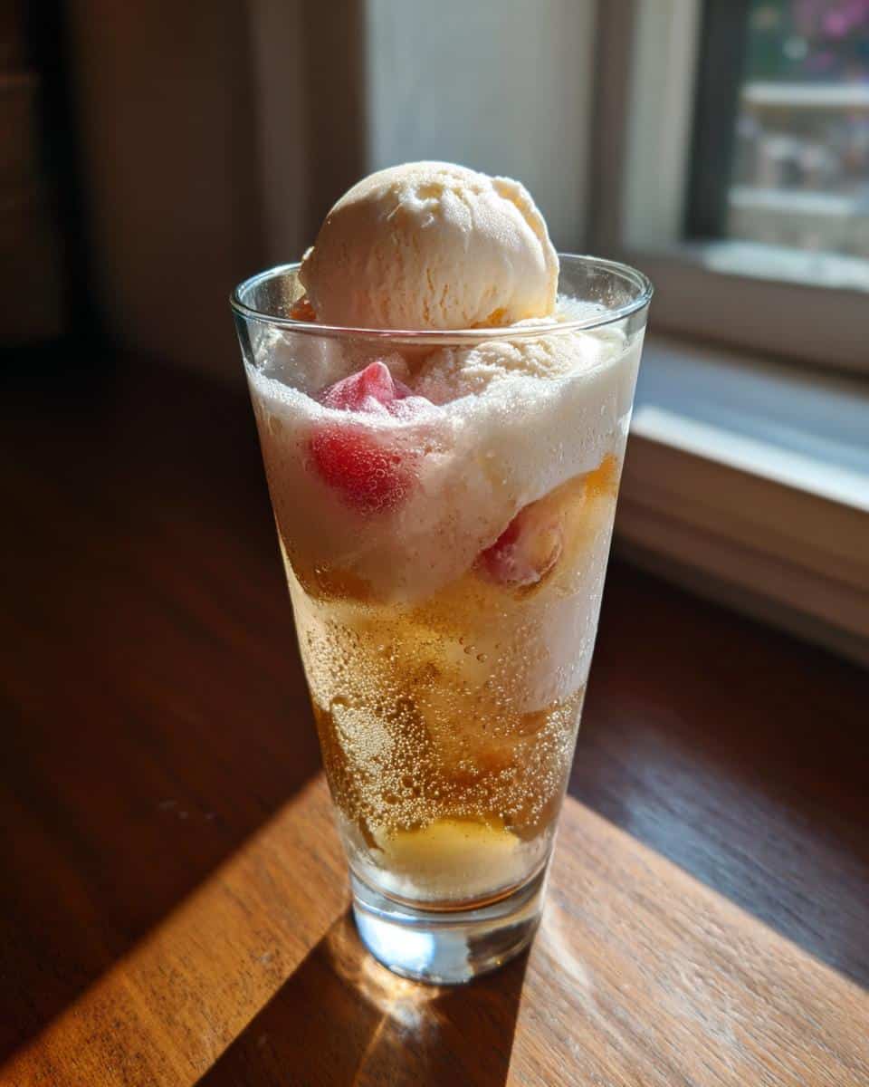 A mimosa creative soda float with ice cream and fruit in a tall glass, sitting on a wooden table.
