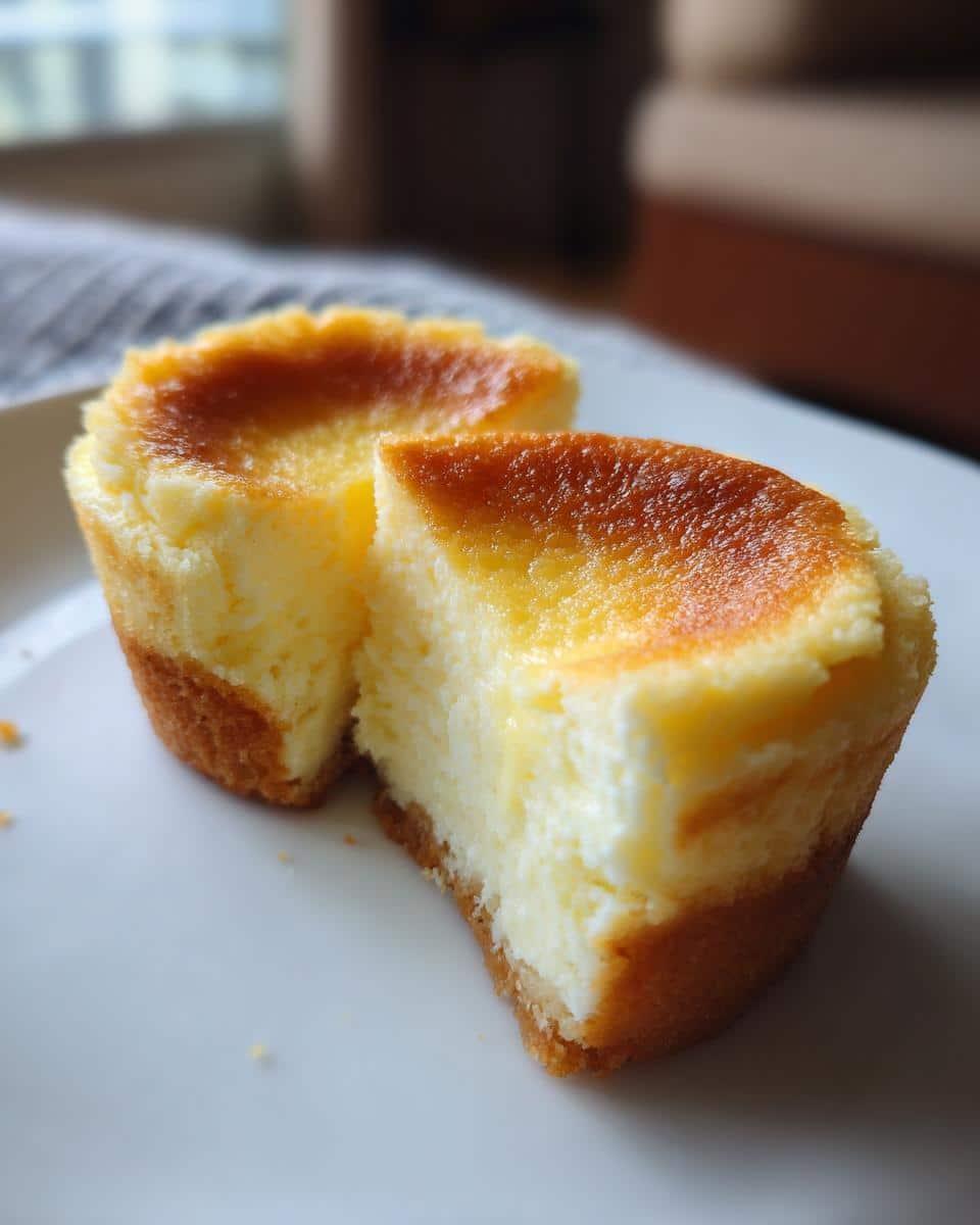 Close-up of a cut Mini Lemon Cheesecake on a white plate, showing the creamy filling and golden crust.