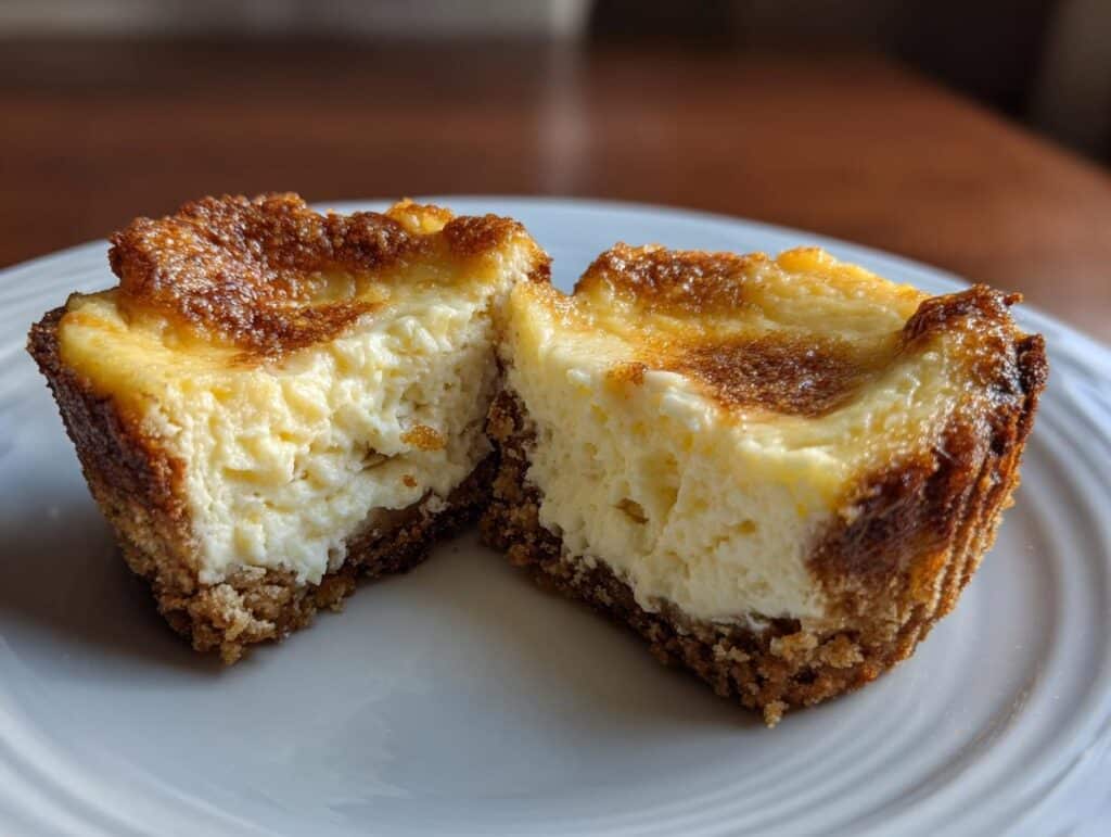 A halved mini lemon cheesecake on a white plate, showcasing its creamy filling and graham cracker crust.
