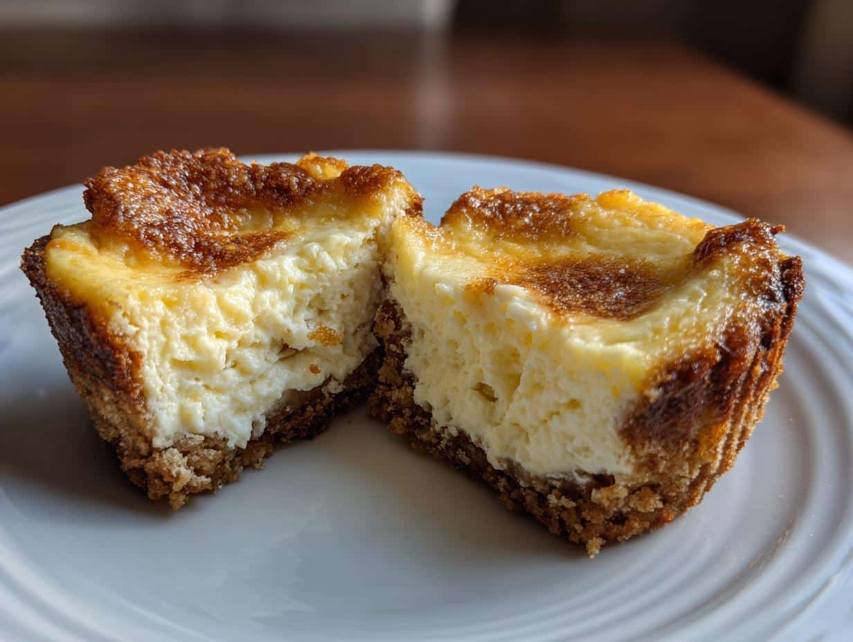 A halved mini lemon cheesecake on a white plate, showcasing its creamy filling and graham cracker crust.