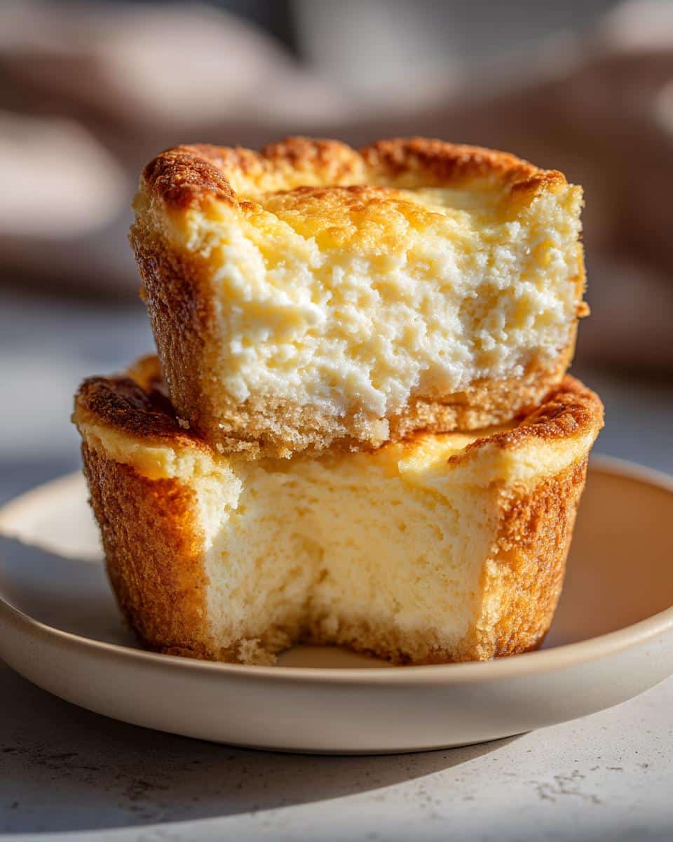Two stacked Mini Lemon Cheesecakes on a plate, one with a bite taken out, showing the creamy filling.
