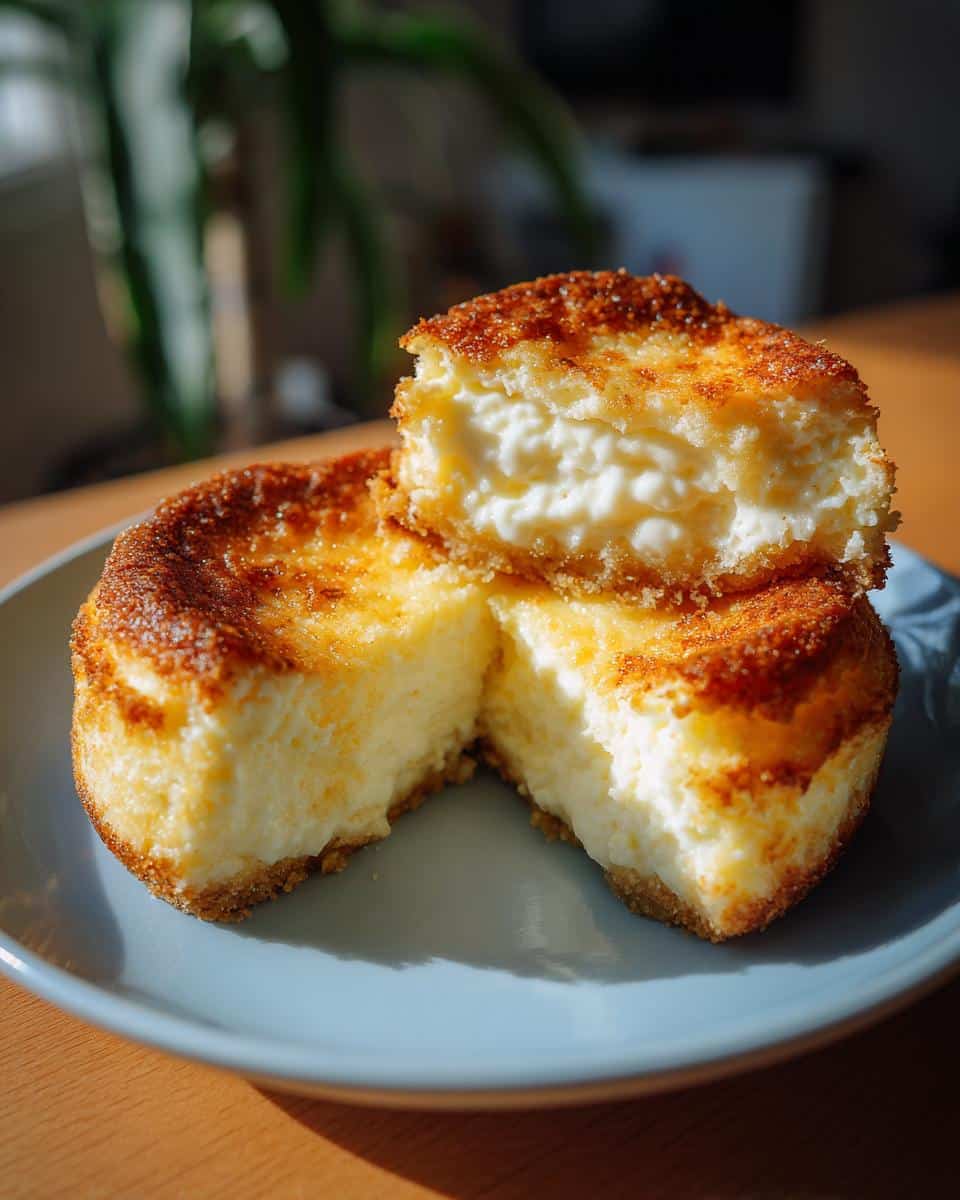 Two mini lemon cheesecakes stacked on a blue plate, one cut in half to show the creamy filling.
