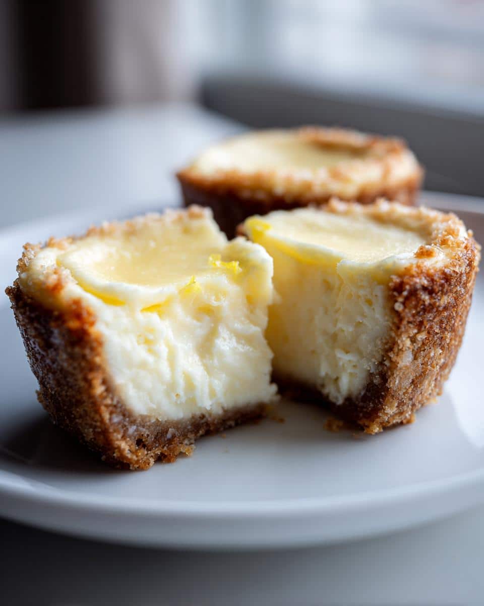 Close-up of Mini Lemon Cheesecakes with a graham cracker crust, creamy filling, and lemon topping on a white plate.