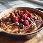 Delicious Nutella baked oats topped with fresh raspberries and blueberries, drizzled with Nutella.