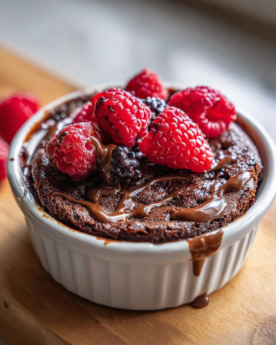 Delicious Nutella baked oats in a white ramekin, topped with fresh raspberries and blackberries.