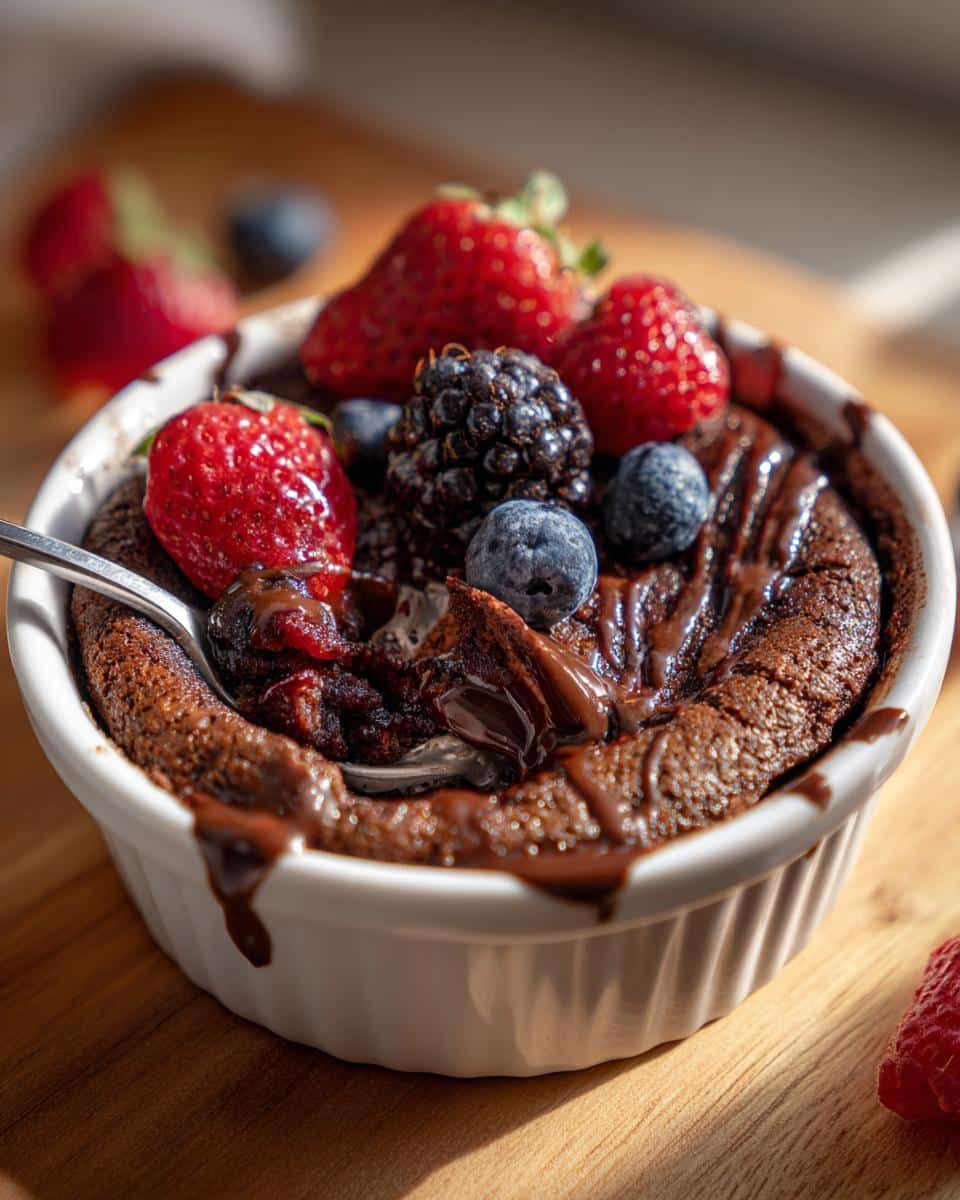 Close-up of Nutella baked oats in a ramekin, topped with fresh strawberries, blueberries, and blackberries.