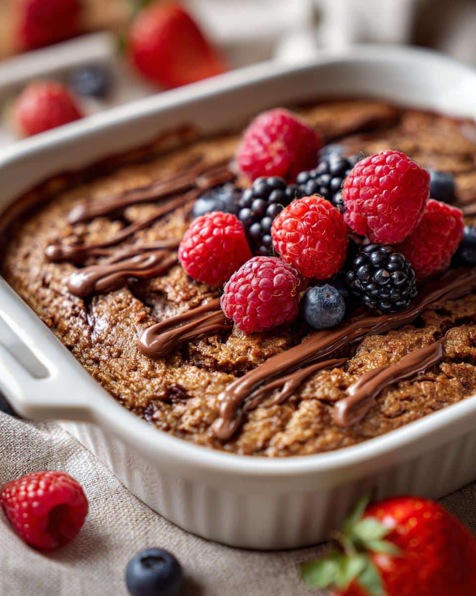 Nutella baked oats in a white dish, drizzled with Nutella and topped with fresh raspberries, blueberries, and blackberries.