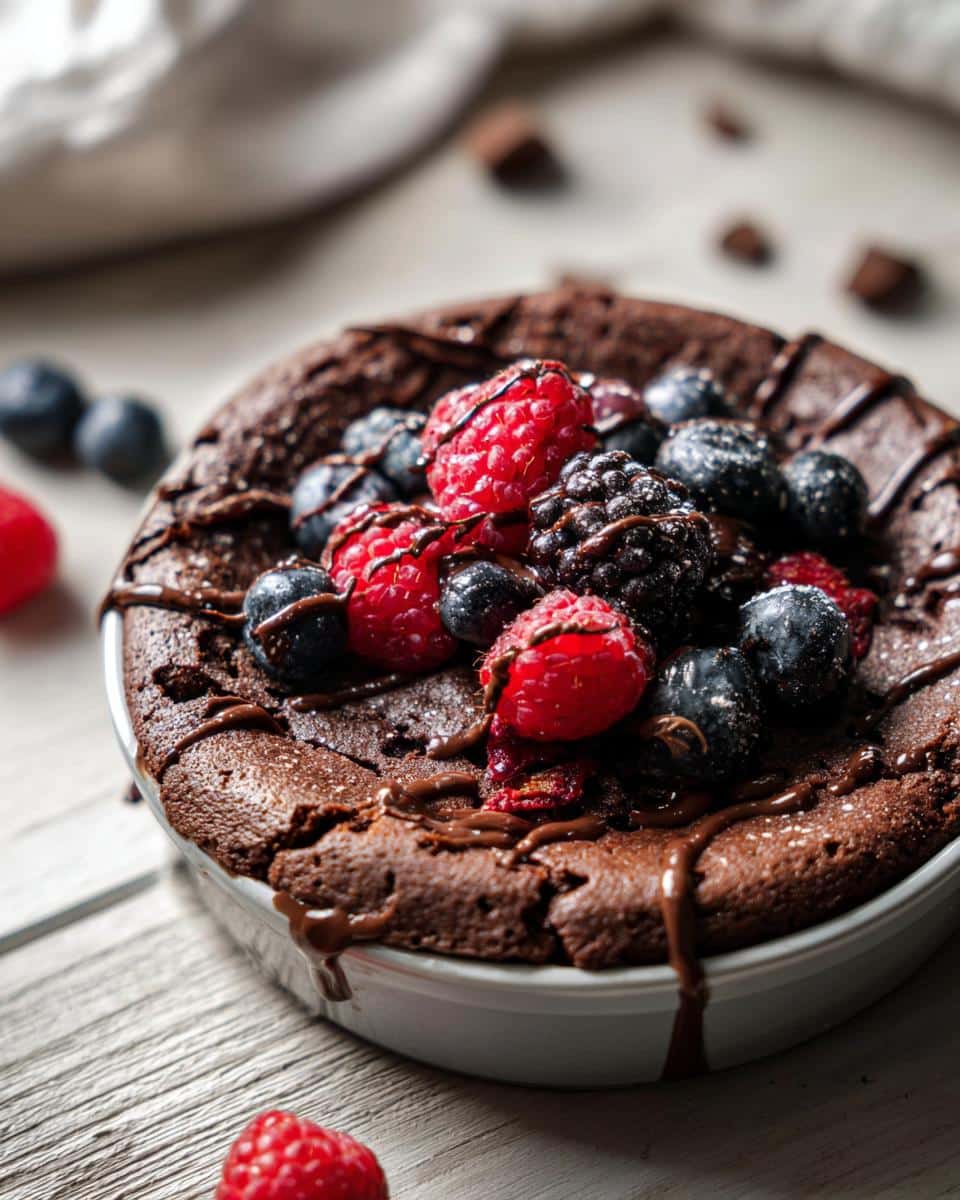 Delicious Nutella baked oats topped with fresh raspberries, blueberries, and blackberries, drizzled with Nutella.