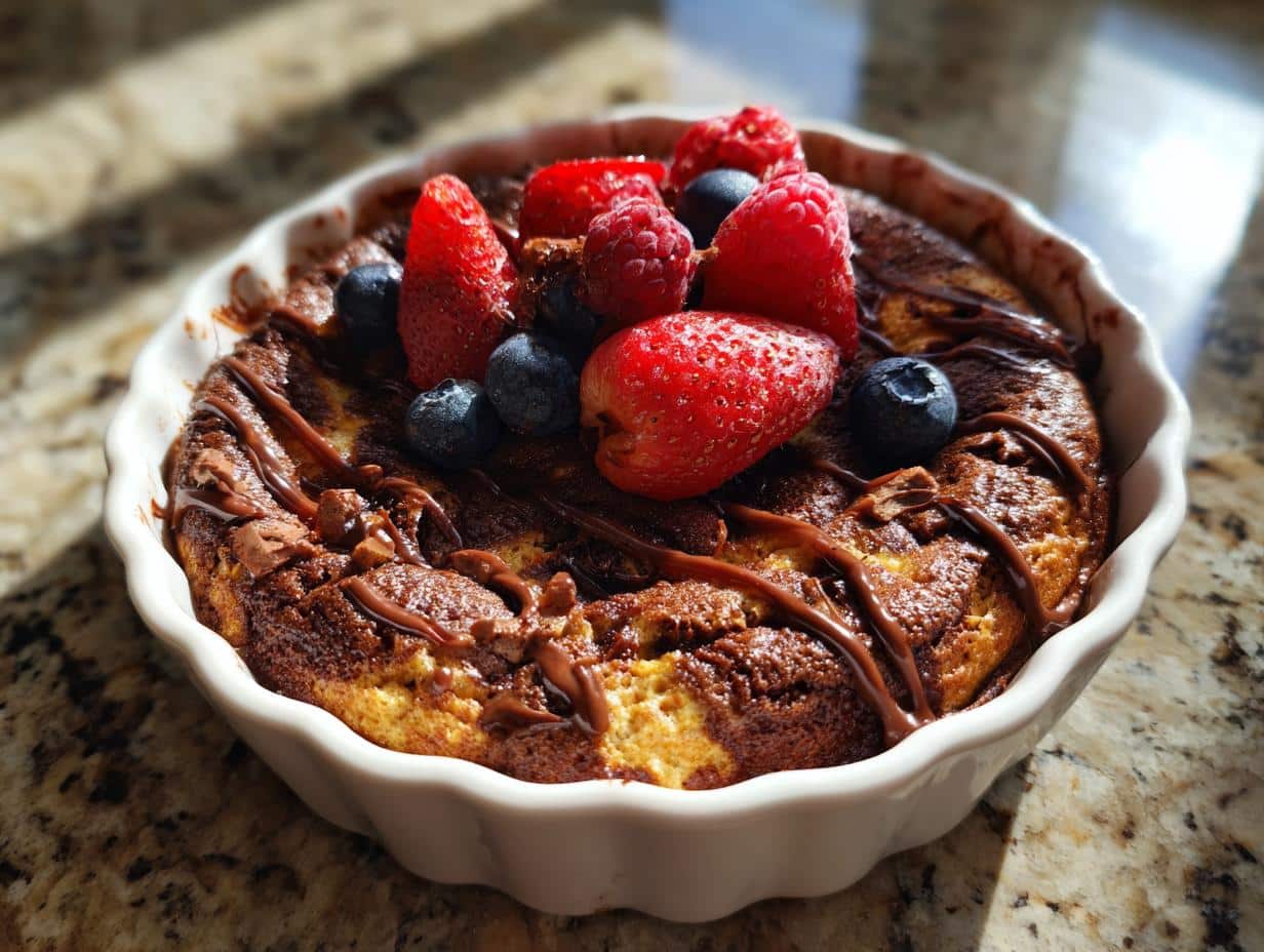 Delicious Nutella baked oats in a white dish, topped with fresh strawberries, blueberries, and raspberries.