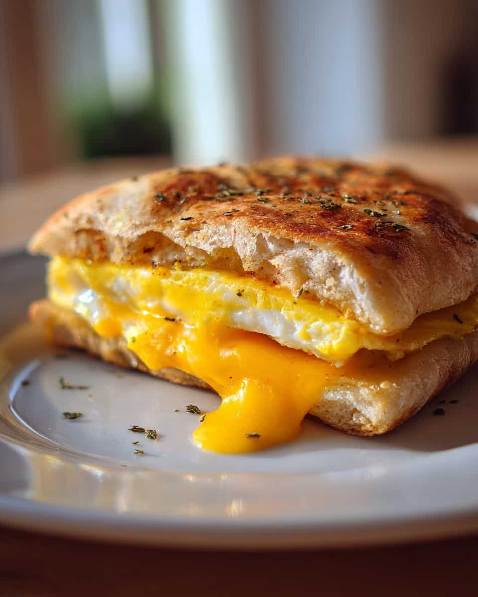 Close-up of a one-pan egg breakfast sandwich with melted cheese oozing out, served on a plate.