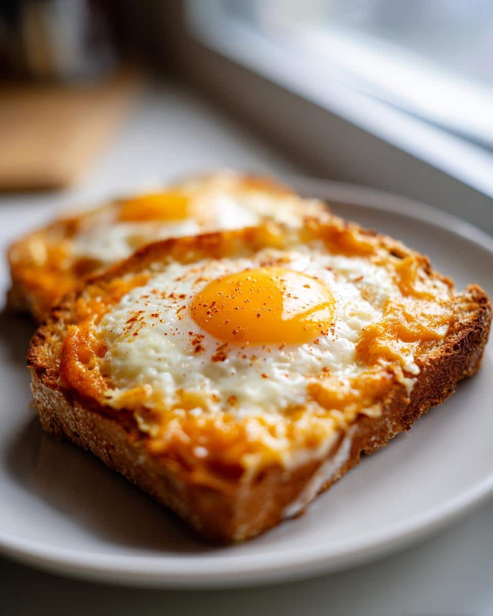 Two one-pan egg breakfast sandwich pieces on a white plate, showing a fried egg inside toast with melted cheese.