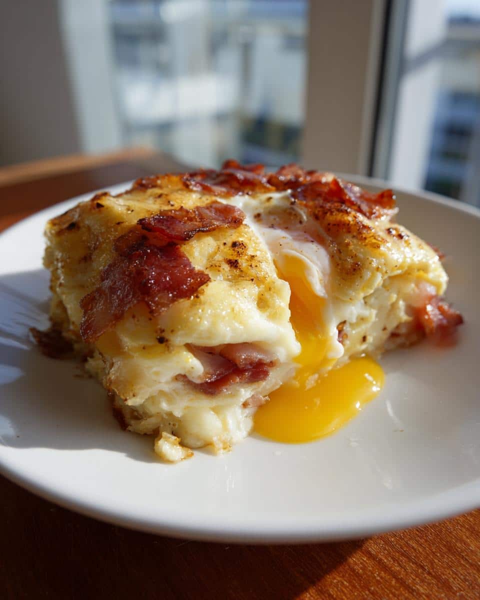 A slice of one-pan egg breakfast sandwich with a runny yolk and crispy bacon on a white plate.