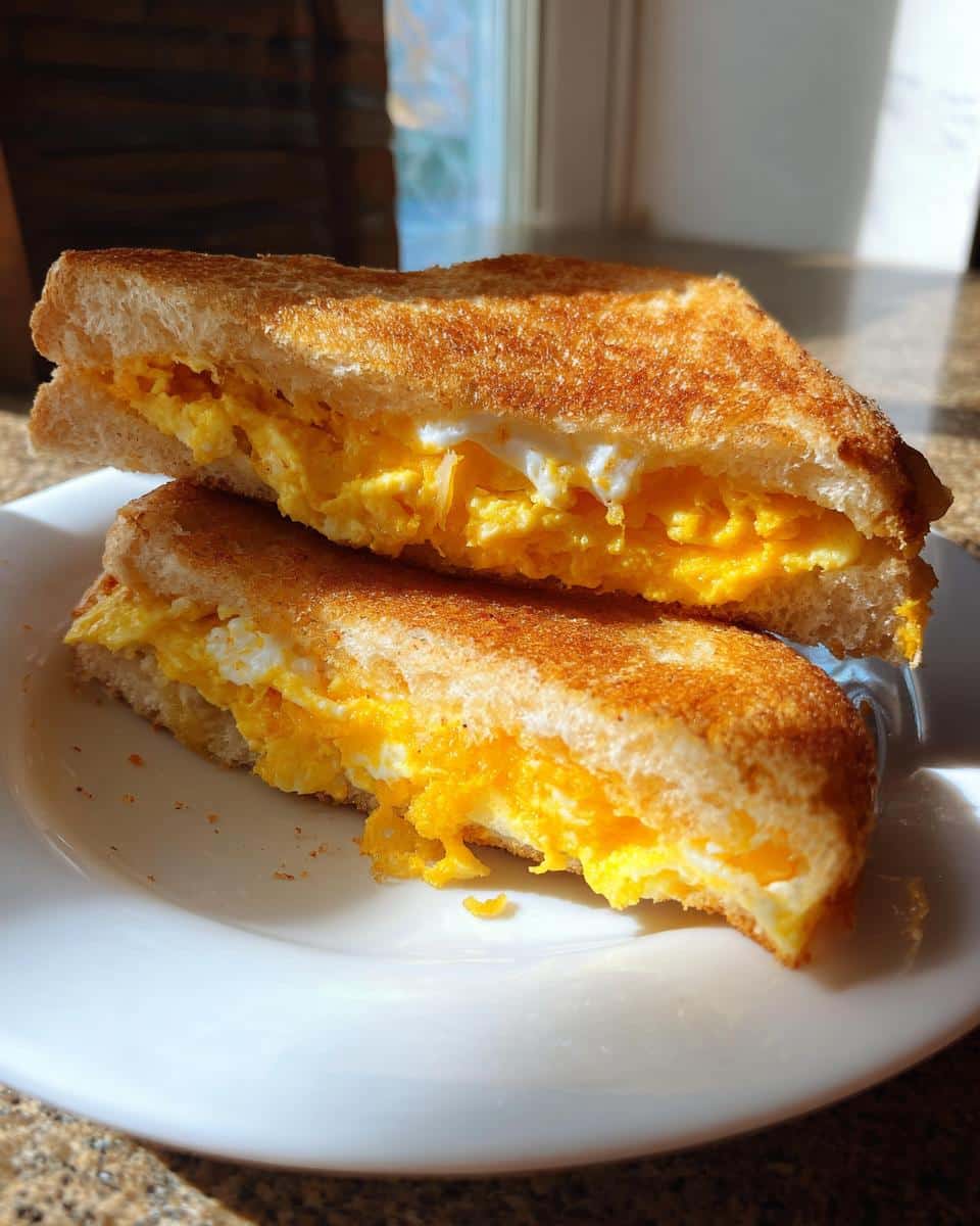 Two halves of a stacked one-pan egg breakfast sandwich on a white plate, showing the egg filling and toasted bread.