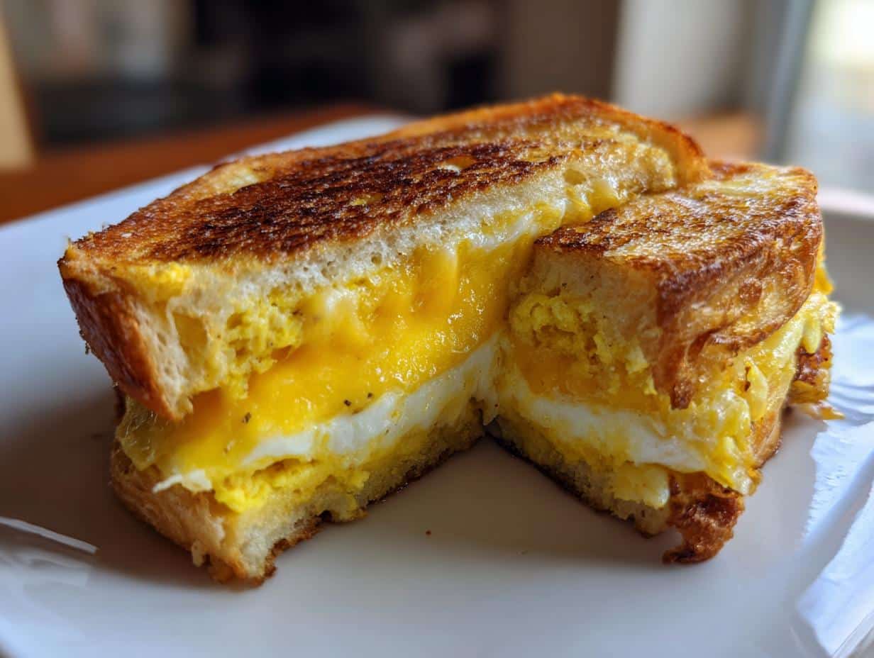 A delicious one-pan egg breakfast sandwich, cut in half, showing the layers of egg and toasted bread.