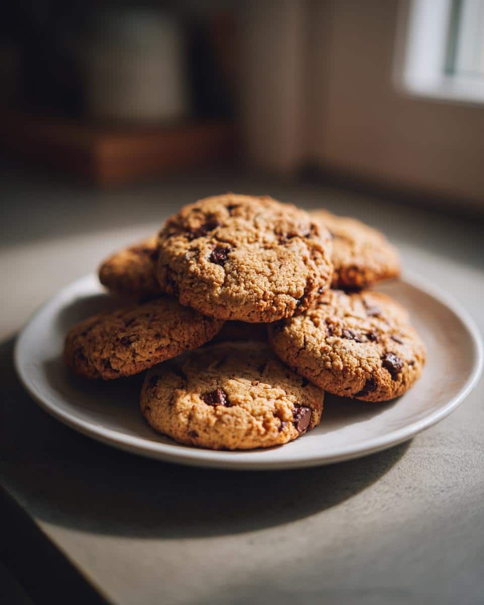 A stack of freshly baked Orange Chocolate Chip Cookies on a white plate, ready to eat.