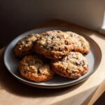 A plate of freshly baked Orange Chocolate Chip Cookies, golden brown and studded with chocolate chips.