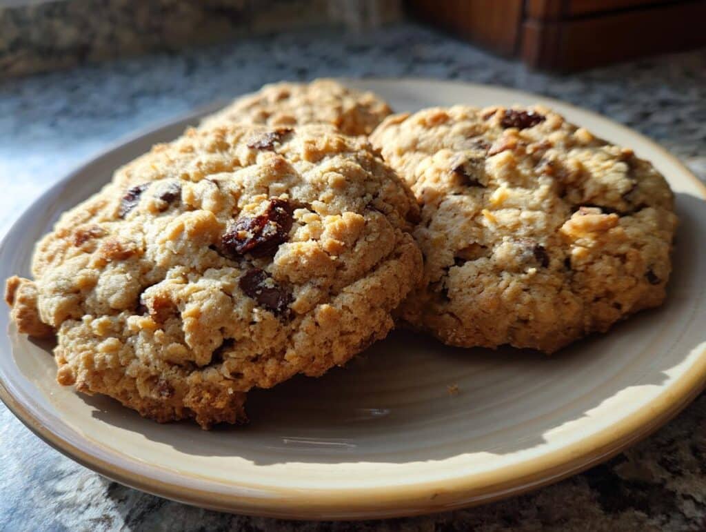 Three freshly baked Orange Chocolate Chip Cookies on a plate, ready to be enjoyed.