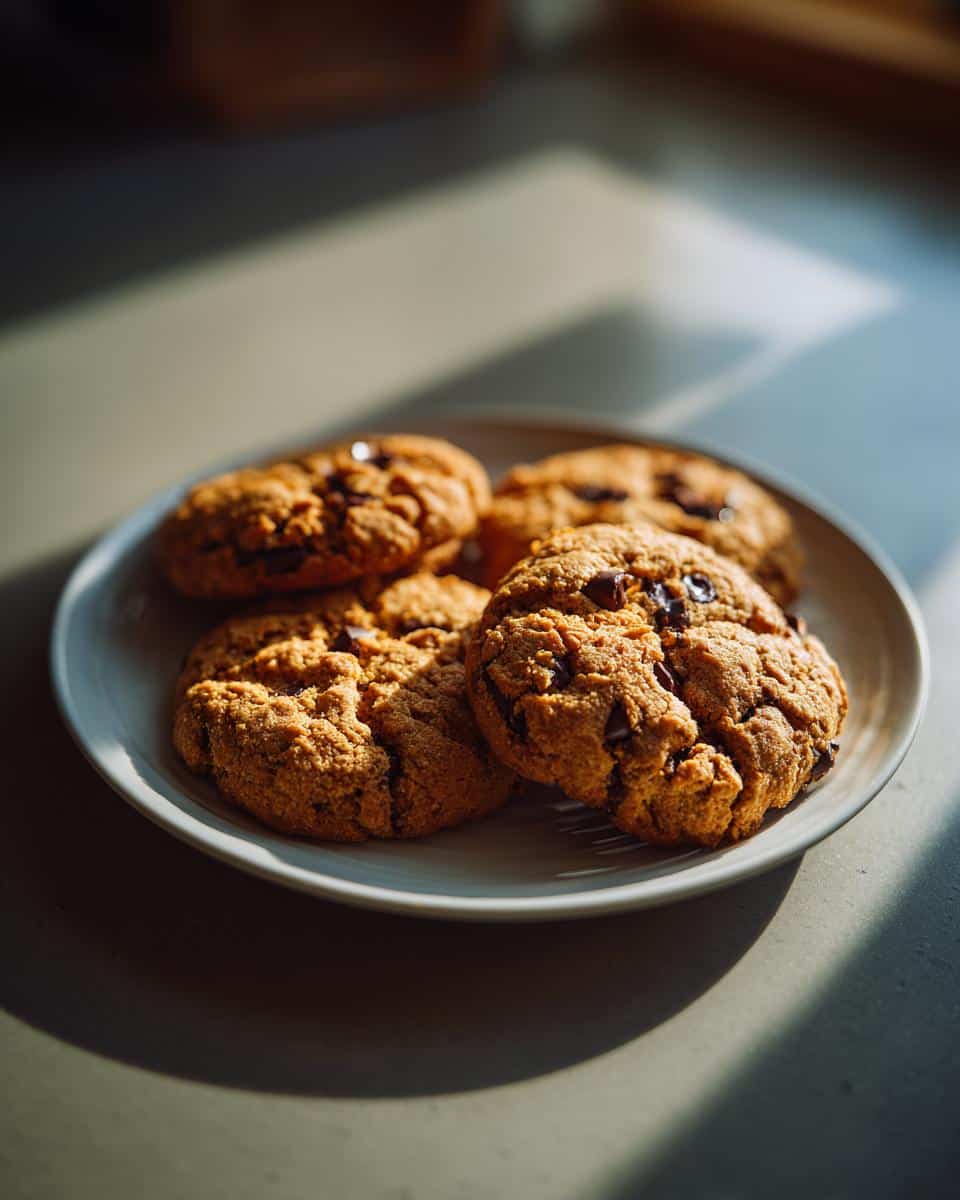 A plate of freshly baked Orange Chocolate Chip Cookies, golden brown with melted chocolate chips.