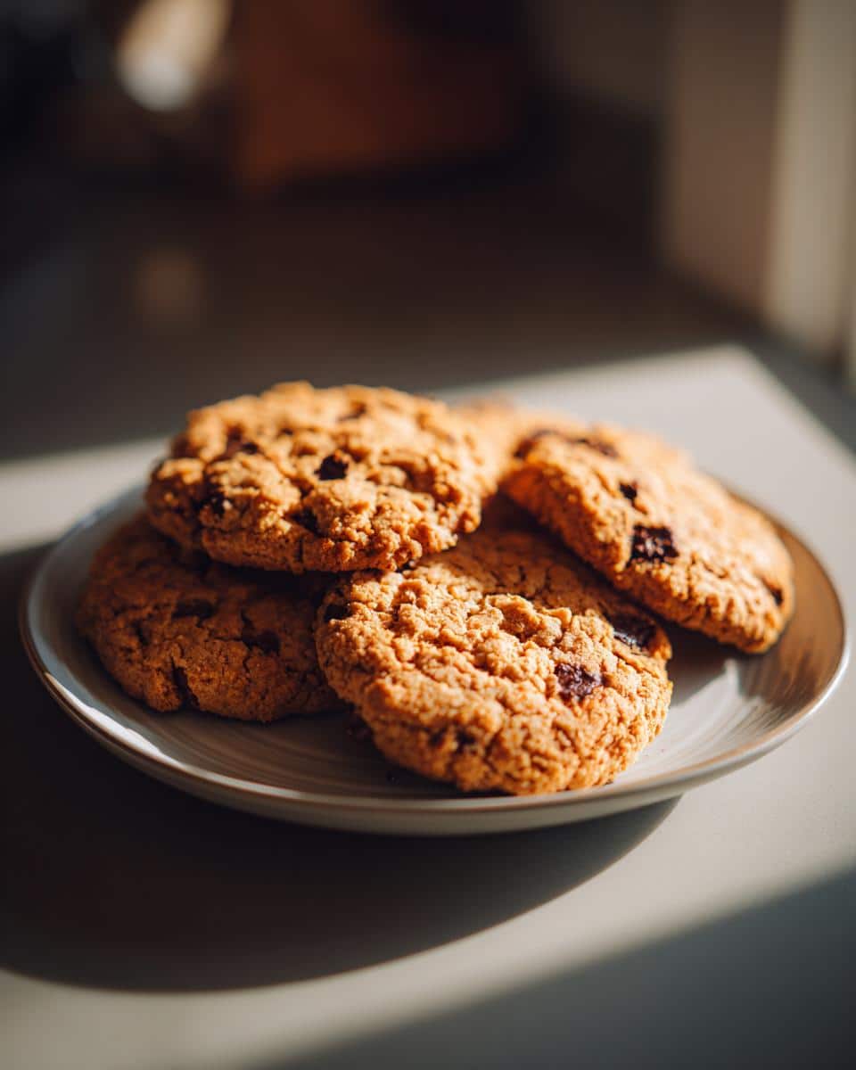 A plate of freshly baked Orange Chocolate Chip Cookies bathed in warm sunlight.