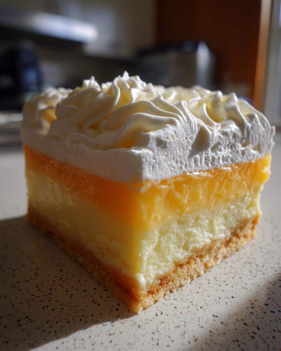 A delicious slice of Orange Cream Tart with layers of crust, cream, orange filling, and whipped topping.
