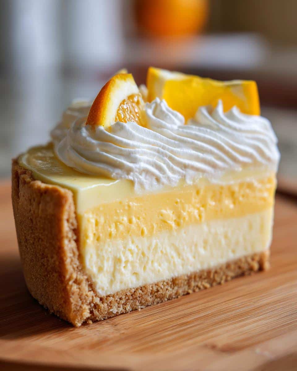 A delicious slice of Orange Cream Tart with layers of cream, orange filling, and whipped topping, garnished with orange slices.