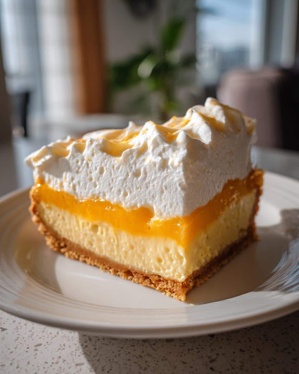 A delicious slice of Orange Cream Tart with a graham cracker crust, orange filling, and meringue topping.