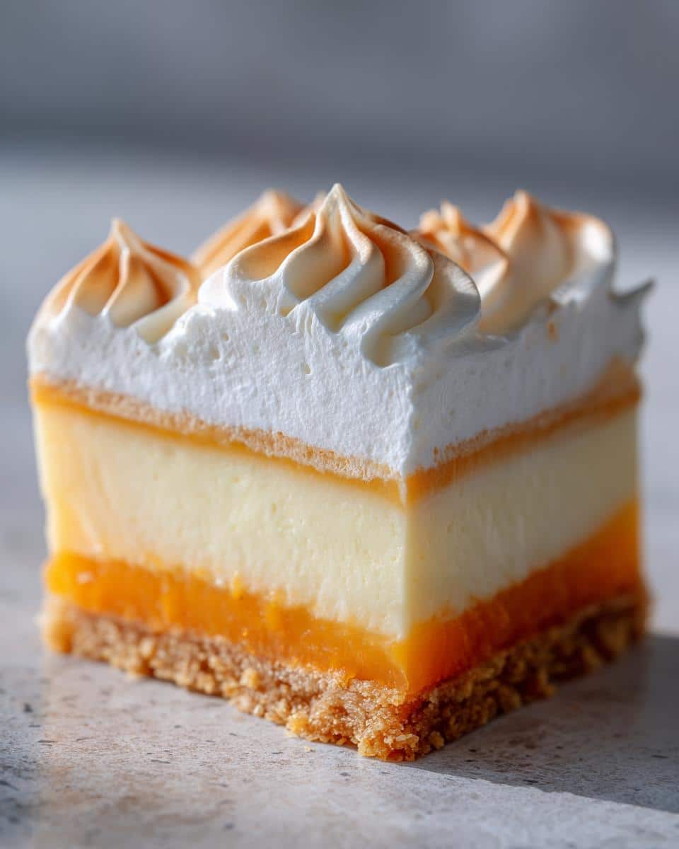 A delicious slice of Orange Cream Tart with layers of crust, orange filling, cream, and toasted meringue.