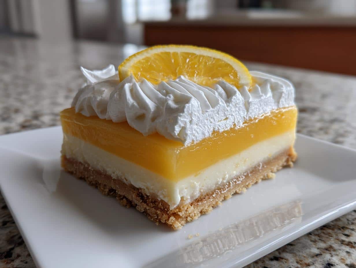 A delicious slice of Orange Cream Tart with a graham cracker crust, cream filling, orange layer, and whipped topping.