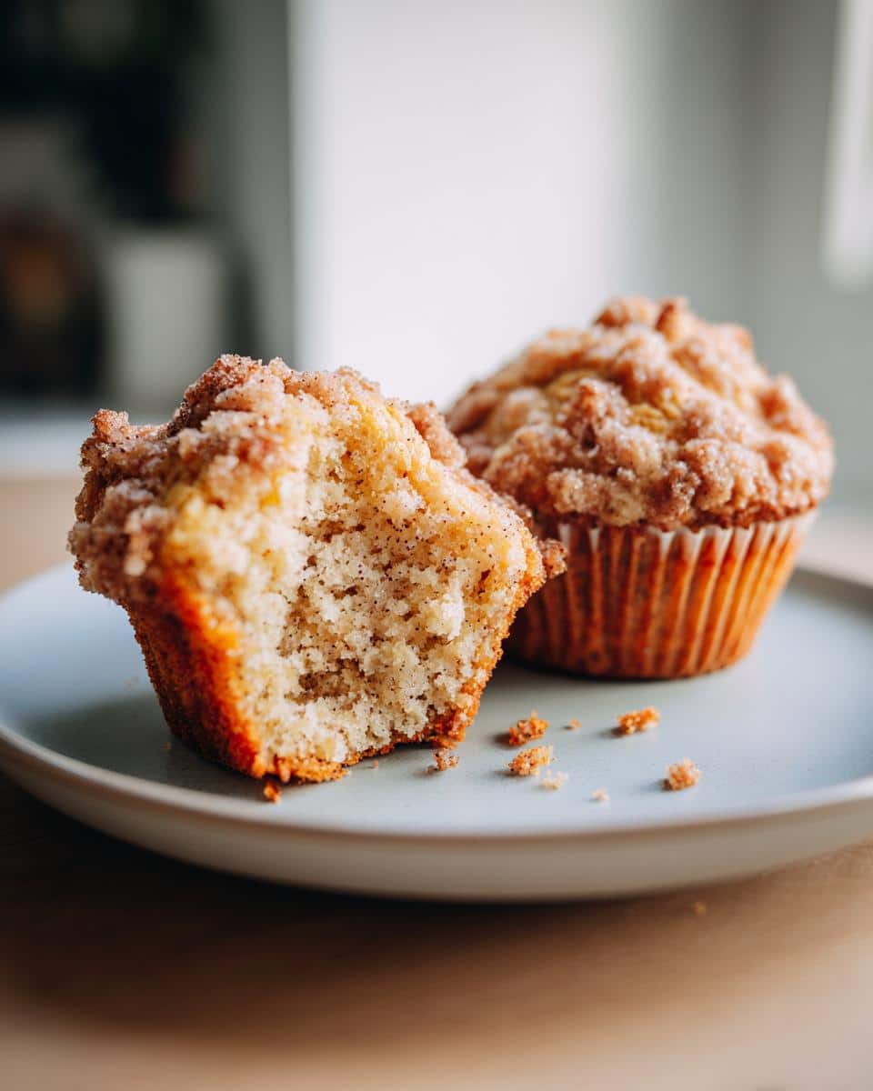Two Orange Poppy Seed Muffins on a plate, one with a bite taken out to show the crumb.