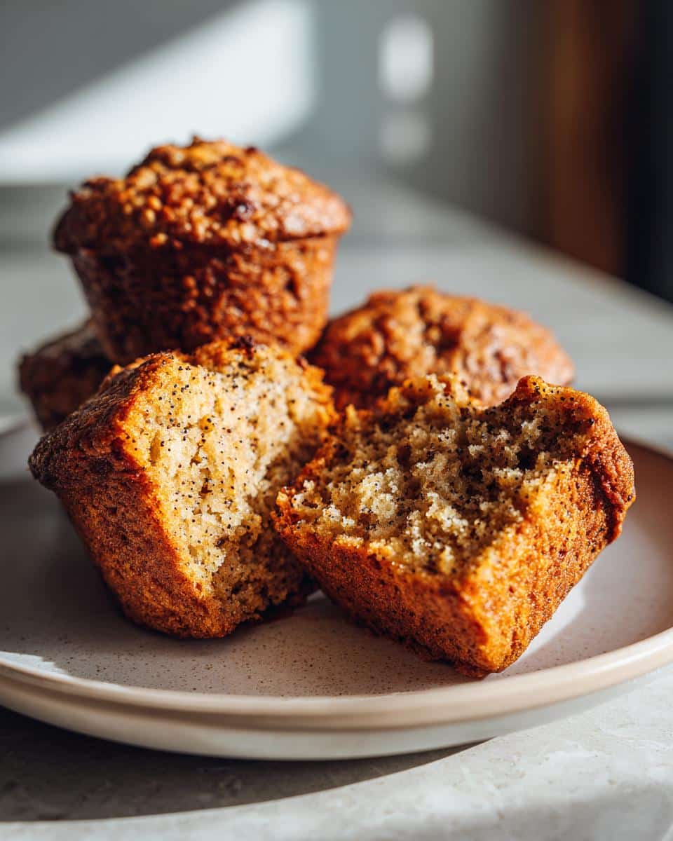 Close-up of halved Orange Poppy Seed Muffins on a plate, showcasing the moist crumb and poppy seeds.
