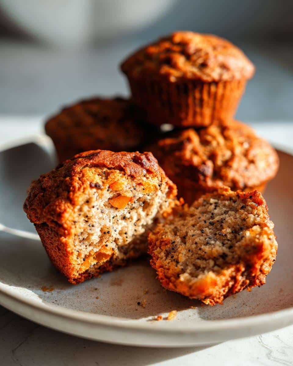 A stack of freshly baked Orange Poppy Seed Muffins, one broken open to show the texture and ingredients.