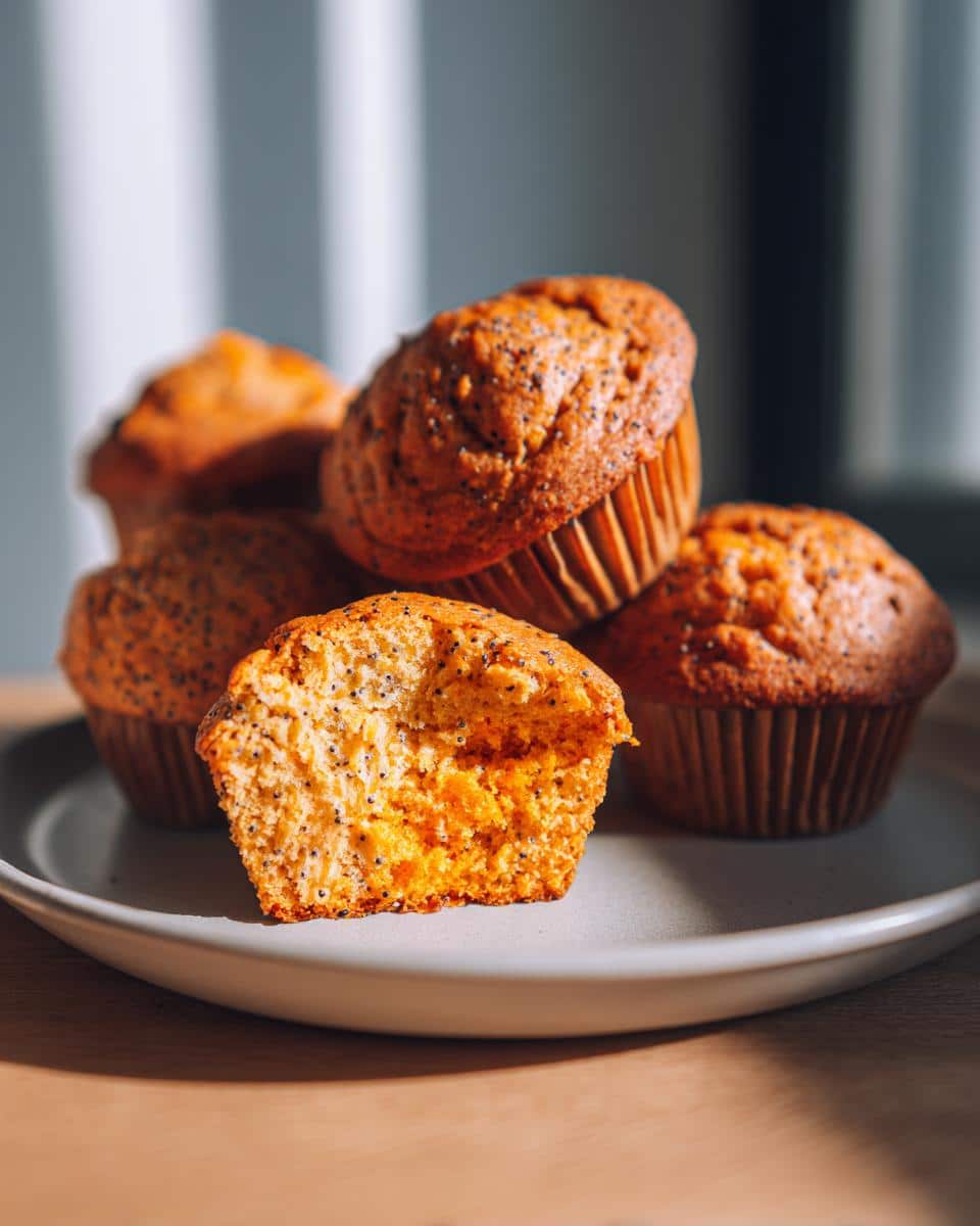 A stack of freshly baked Orange Poppy Seed Muffins on a plate, one muffin with a bite taken out.