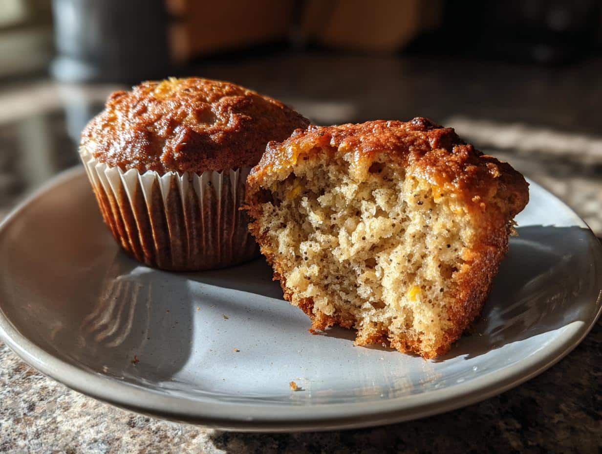 Two Orange Poppy Seed Muffins on a plate, one halved to show the inside texture.