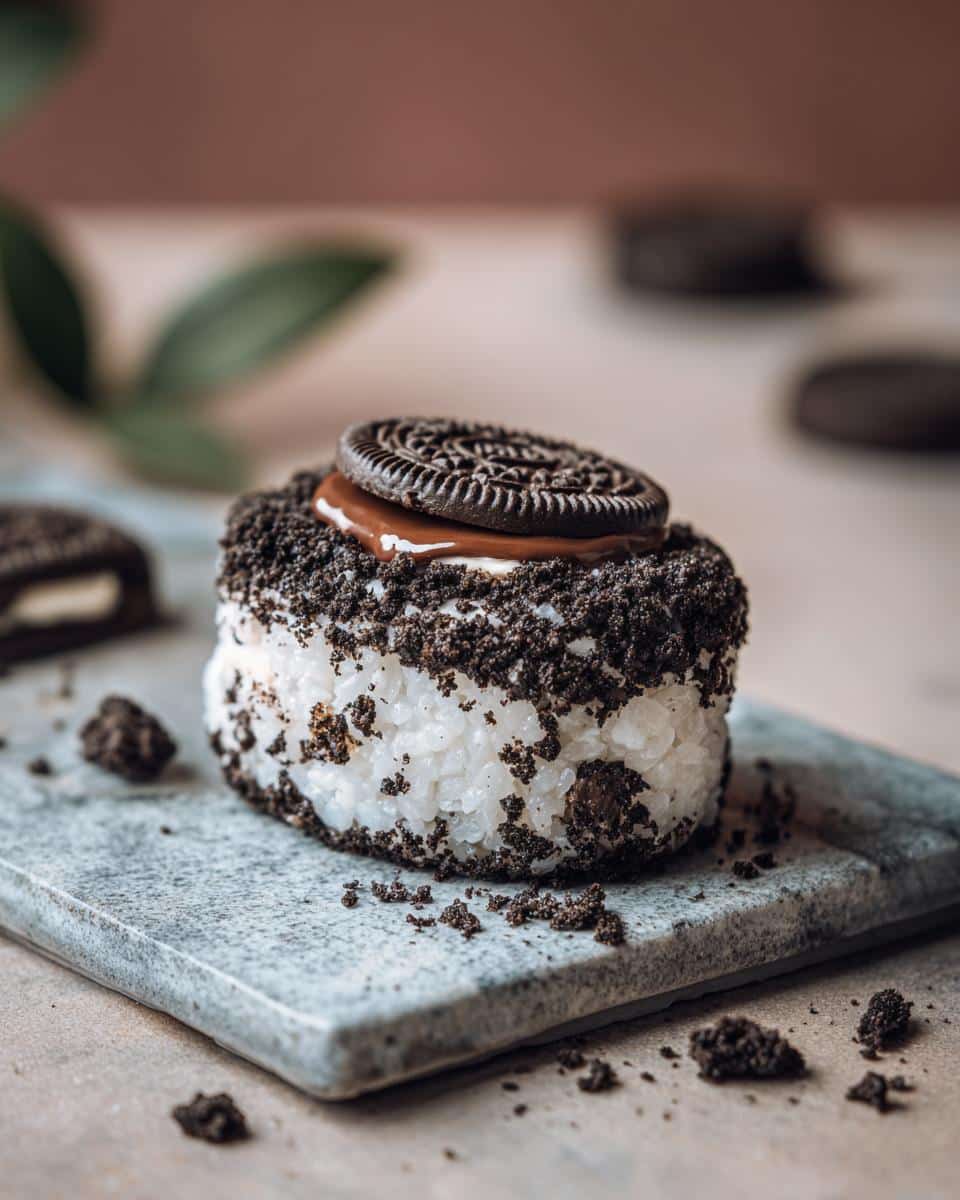 Close-up of Oreo sushi, a dessert made with rice, Oreo crumbs, chocolate, and a whole Oreo on top.