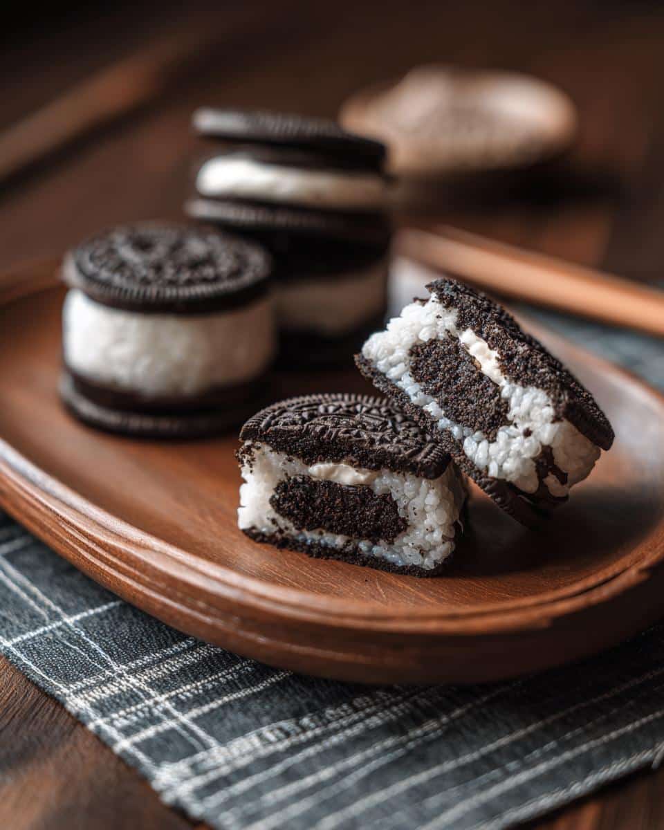 Close-up of Oreo sushi, featuring Oreo cookies filled with a sweet rice mixture on a wooden plate.